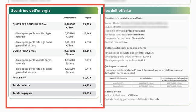 Scontrino dell'energia bolletta del gas